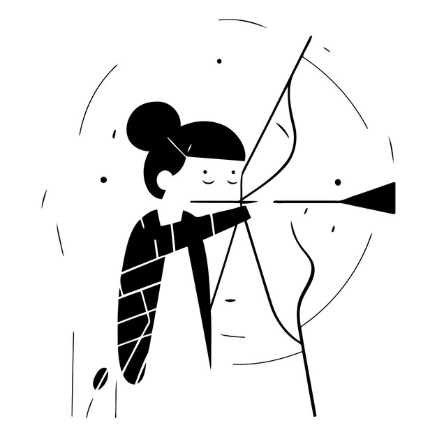 Cute girl aiming with a bow and arrow Flat vector illustration