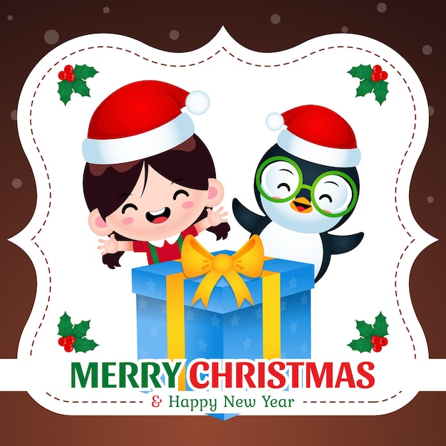 Милая девушка и пингвин с рождественской подарочной коробкой на рождество и новый год