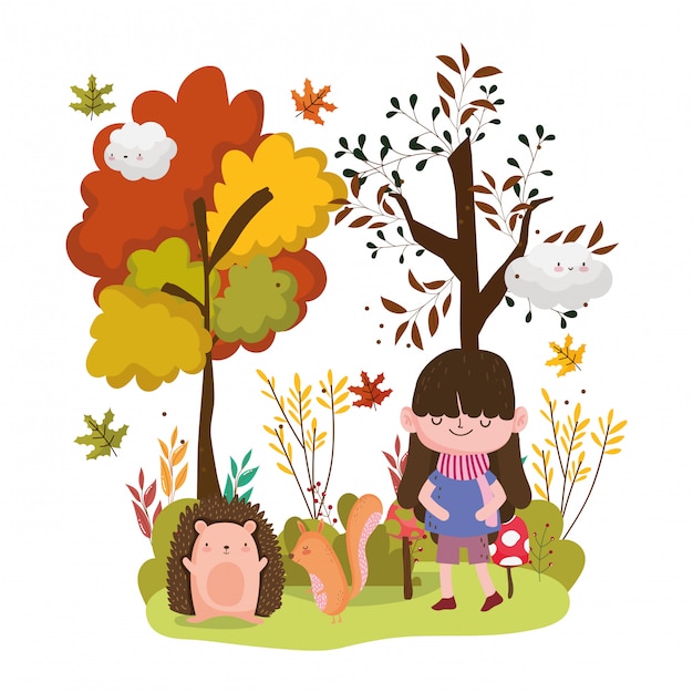 Vector cute girl animals hello autumn