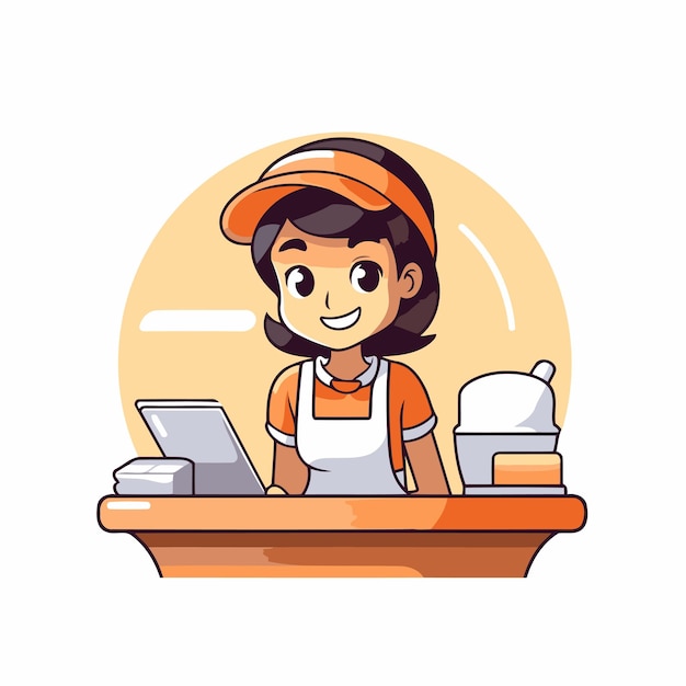 Милая девушка в фартуке и шапке работает на ноутбуке Векторная иллюстрация