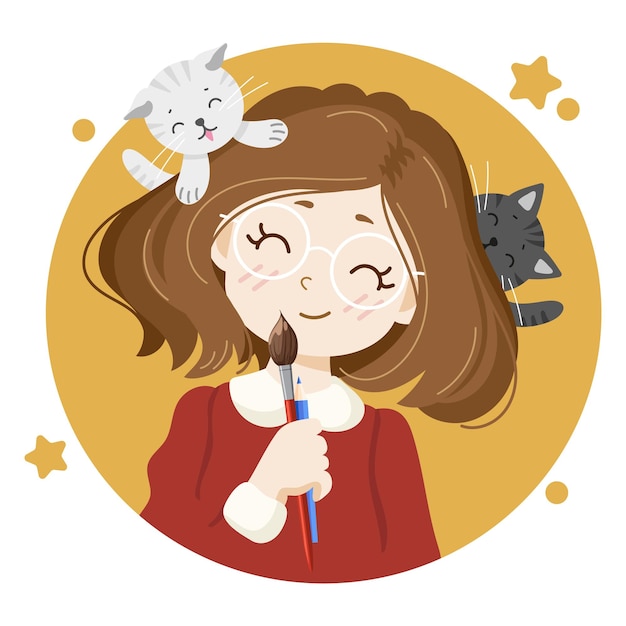 Vector cute girl artist with cats