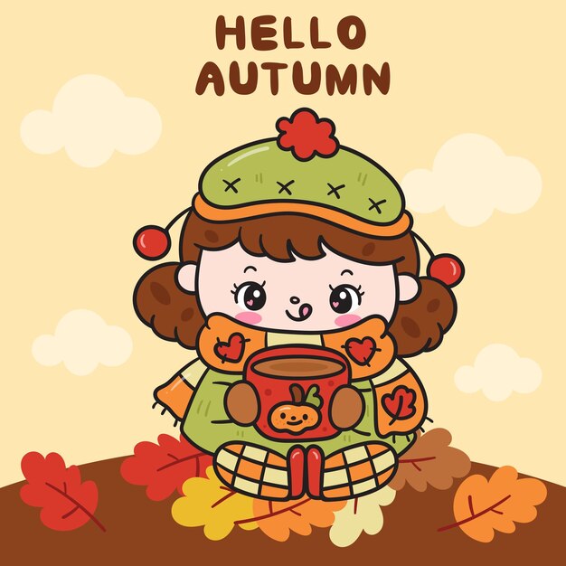 Vector cute girl autumn season with coffee kawaii drawing