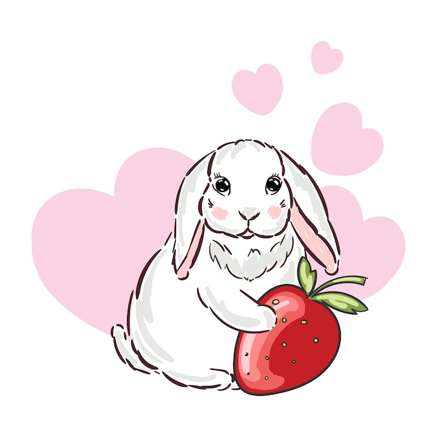Cute girl baby bunny with pink hearts and strawberry print vector illustration