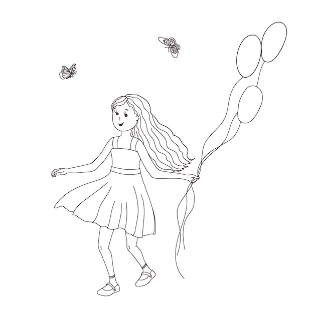 Cute girl balloons Vector black outline The child has fun on a walk in the summer holidays