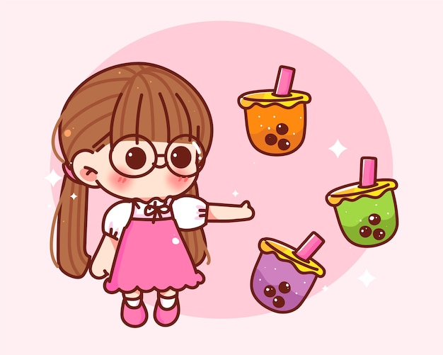 Cute girl barista and bubble milk tea tasty taiwanese cafe smoothie logo cartoon hand drawn cartoon art illustration