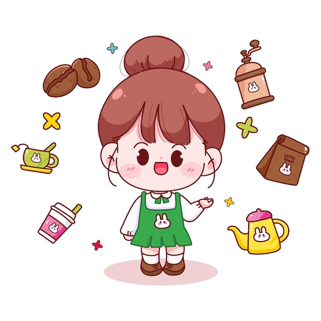 Cute girl barista cafe coffee shop with element hand drawn cartoon illustration