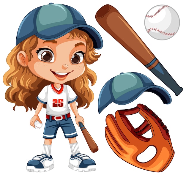 Vettore ragazza carina in abito da baseball con oggetti sportivi da baseball