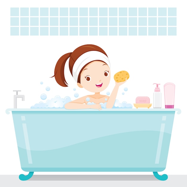 Vector cute girl bathing in bathtub with soapsuds