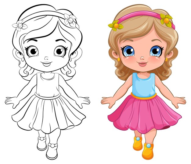 Vector cute girl in beautiful dress outline for colouring