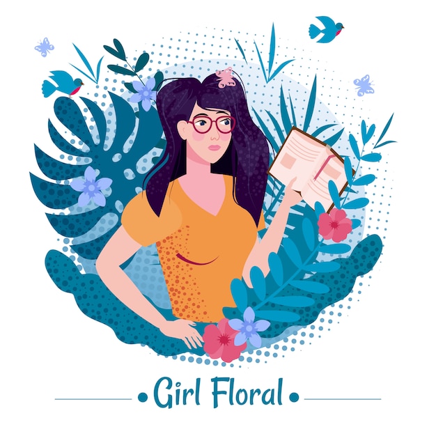 葉とエキゾチックな植物の夏の花の中で本と長いロマンチックな髪のかわいい女の子の美しさ