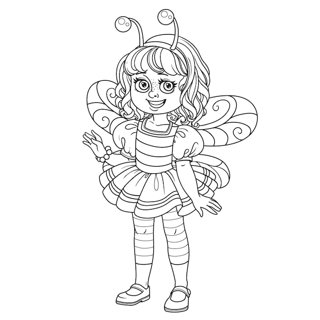 Cute girl in bee costume outlined for coloring page