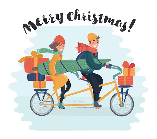 Cute girl on bicycle with dog caring christmas tree and colorful gift boxes. shopping spree. happy holidays concept. illustration and photo image available.