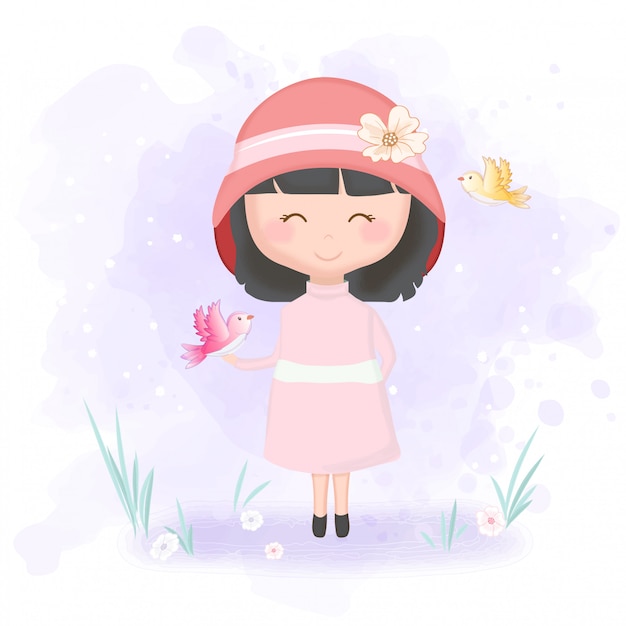 Cute girl and bird cartoon illustration