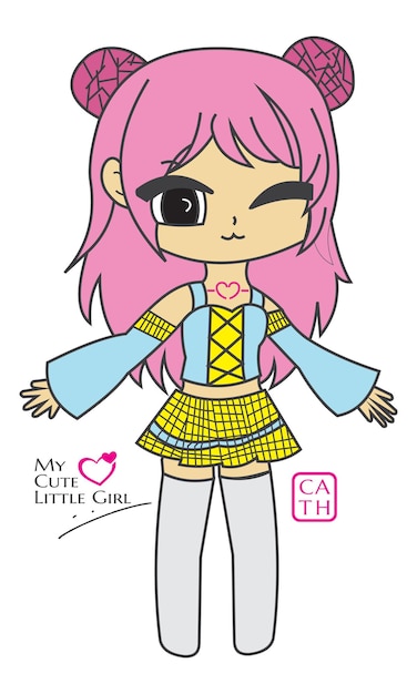 Cute girl blink eye character design 02 with pink hair vector illustration