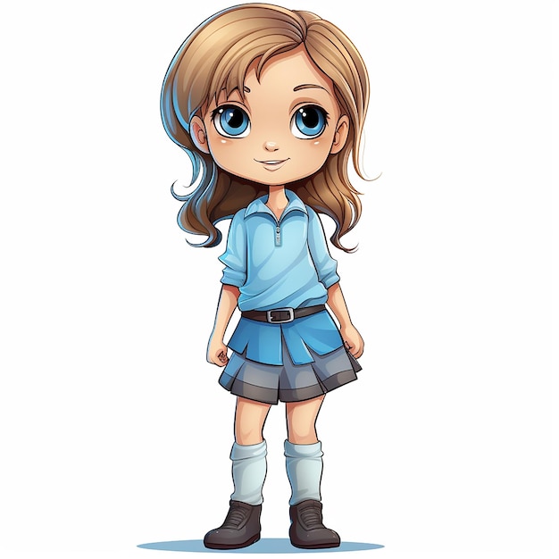 Vettore ragazza carina con una camicia blu e con il personaggio dei cartoni animati degli occhi azzurri