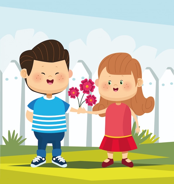 cute girl and boy in love with beautiful flowers over white fence