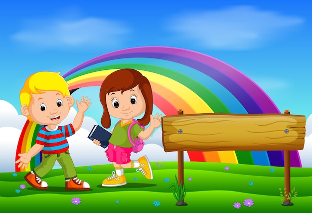 Vector cute girl and boy in the park on rainbow day