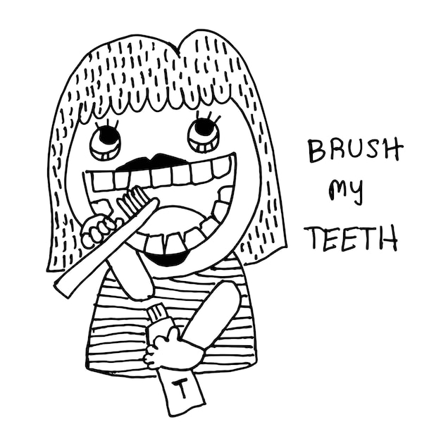 Cute girl brush her teeth funny cartoon doodle hand drawing