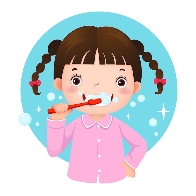 cute girl brushing her teeth in pijamas