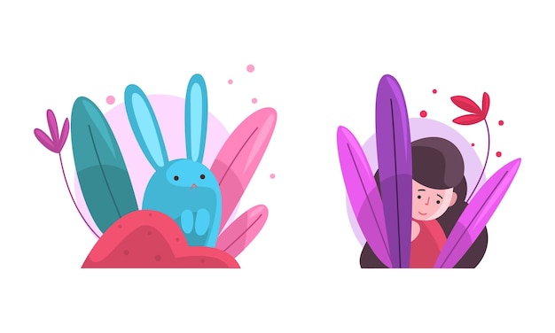 cute girl and bunny hiding in fairy bush vector set