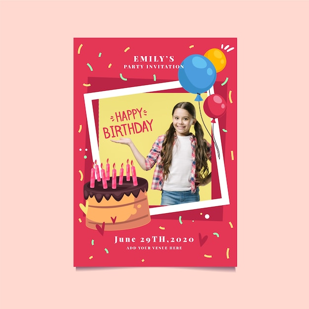 Cute girl and cake birthday invitation