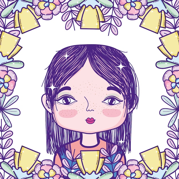 Cute girl cartoon around frame flowers 