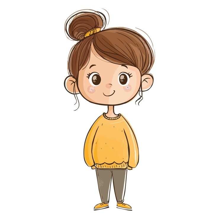 Cute girl cartoon character in hand drawn doodle style isolated on white background