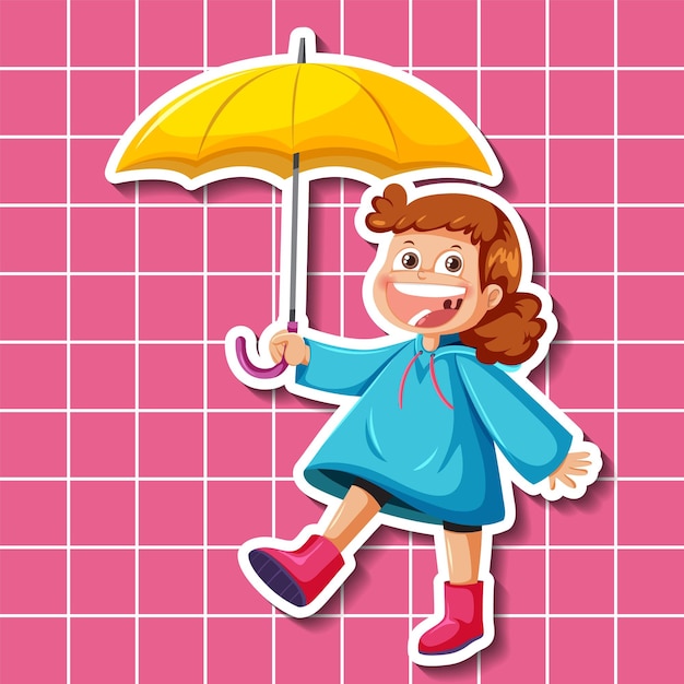 Vettore personaggio dei cartoni animati della ragazza sveglia che tiene lo stile dell'autoadesivo dell'ombrello
