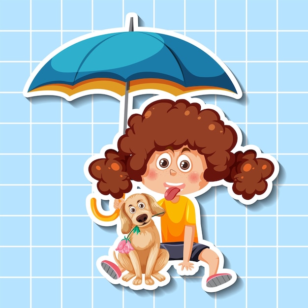 우산 스티커 스타일을 들고 귀여운 소녀 만화 캐릭터