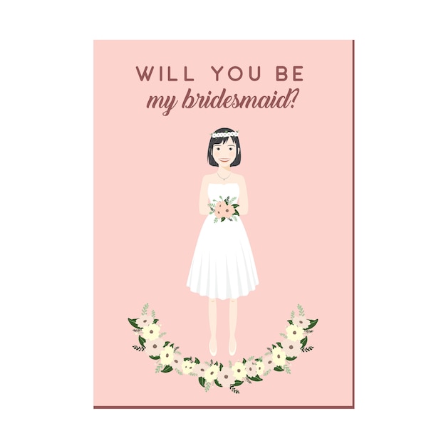 Cute girl cartoon character in white dresses bridesmaid invitation