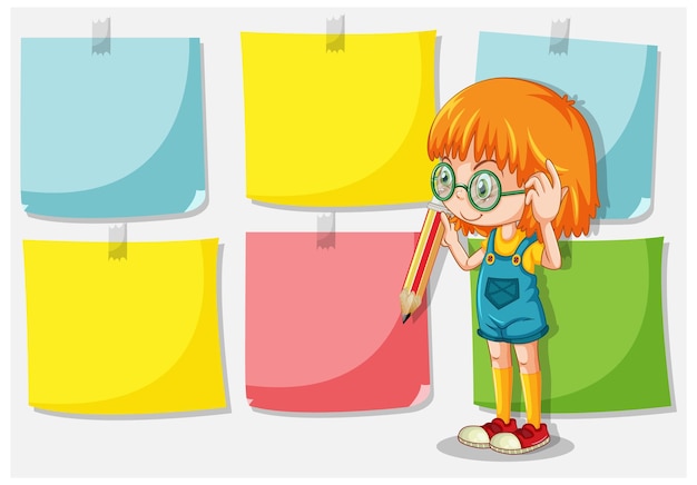 Cute girl cartoon character with colour notepad