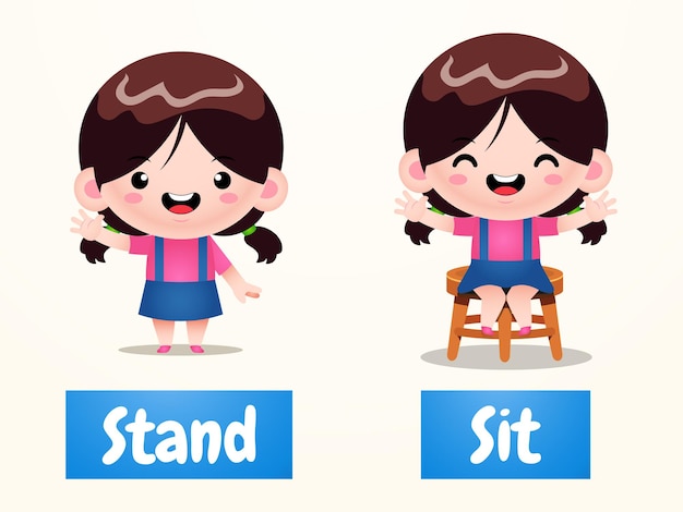 ベクトル 反対語の反意語のスタンドと座るかわいい女の子の漫画の例