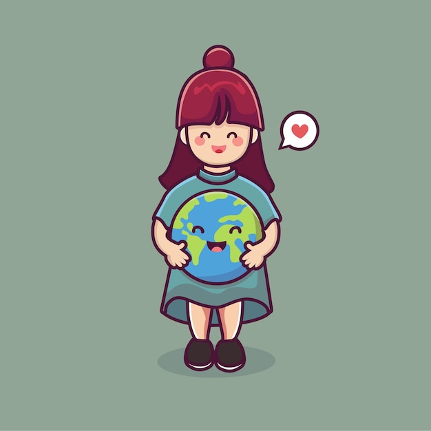 cute girl cartoon hold planet earth cartoon