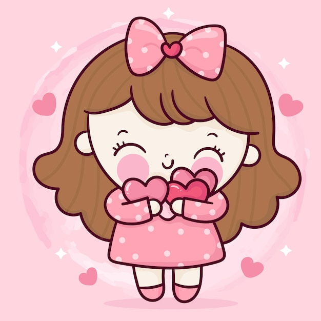 Cute girl cartoon hug sweet heart for valentines day kawaii character