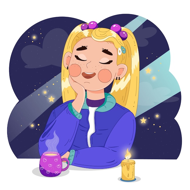 A cute girl in a cartoon style, sitting and daydreaming, the girl is thinking about something