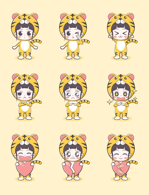 Cute girl cartoon in tiger costume with emotions and holding a heart on light yellow background