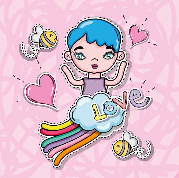 Vector cute girl and cartoons card