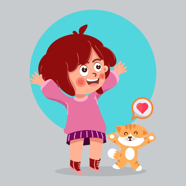 Cute girl cat lover with cat cartoon illustration