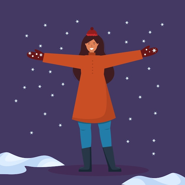 Vector cute girl catches snowflakes.vector cartoon illustration in a flat style with a snowy background.