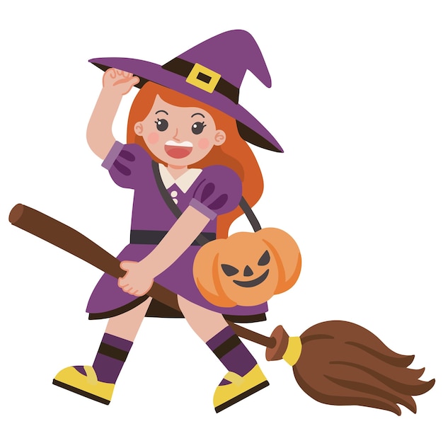 Cute girl celebrate Halloween party with purple witch riding a broom costume