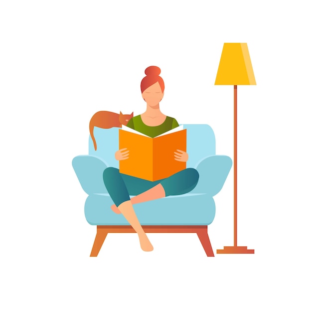 Cute girl in chair reading book