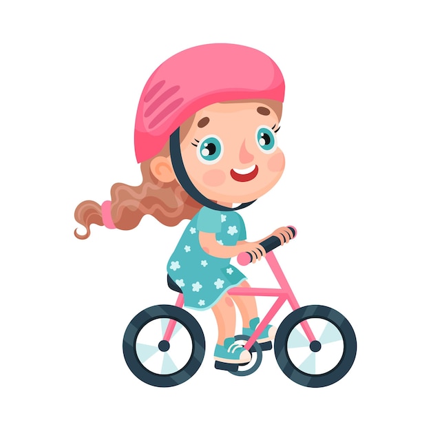 Cute Girl Character in Helmet Riding Bicycle Vector Illustration