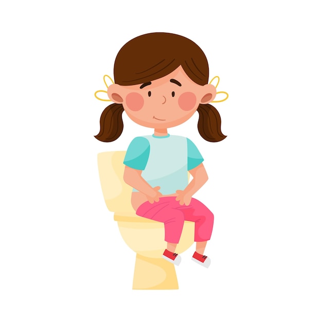 Cute Girl Character Sitting in in the Toilet Doing Morning Procedure Vector Illustration