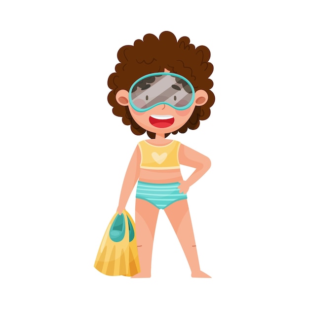 Vector cute girl character standing in swimsuit and goggles vector illustration