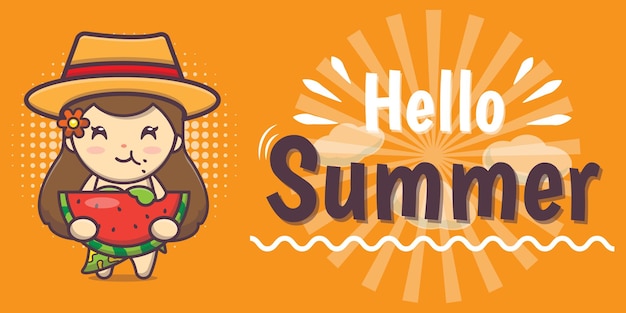 cute girl character with summer greeting banner