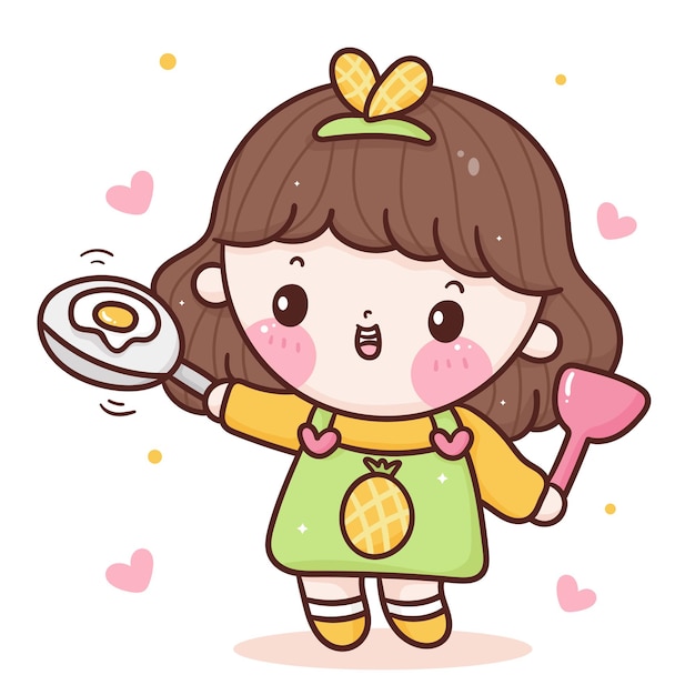 Cute girl chef cartoon cooking egg fried kawaii style