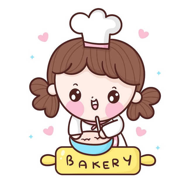 Vector cute girl chef cartoon cooking sweet bakery logo kawaii style