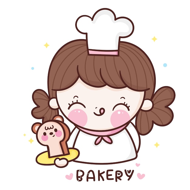 Vector cute girl chef cartoon holding bear bread bakery kawaii style