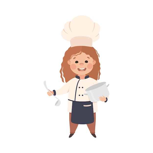 Вектор Милая девушка шеф-повар кук держит сковороду и лодушку мальчик в форме шеф-повара кулинарная кухня в стиле мультфильмов векторная иллюстрация
