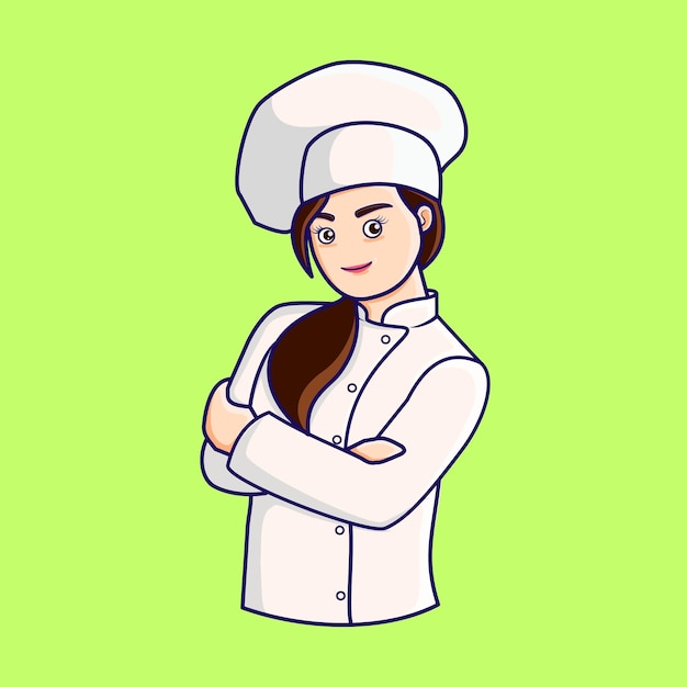 Милая девушка-повар в белой форме в шляпе уверенна в себе счастливая вкусная и сладкая улыбка талисман